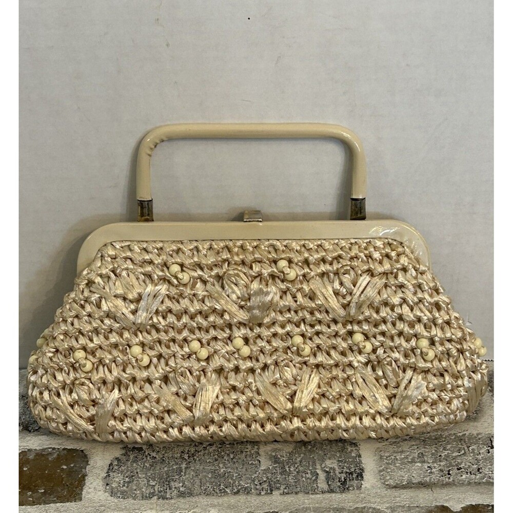Vintage Crochet Raffia Beaded Floral Retro Purse Handbag With Plastic Handle